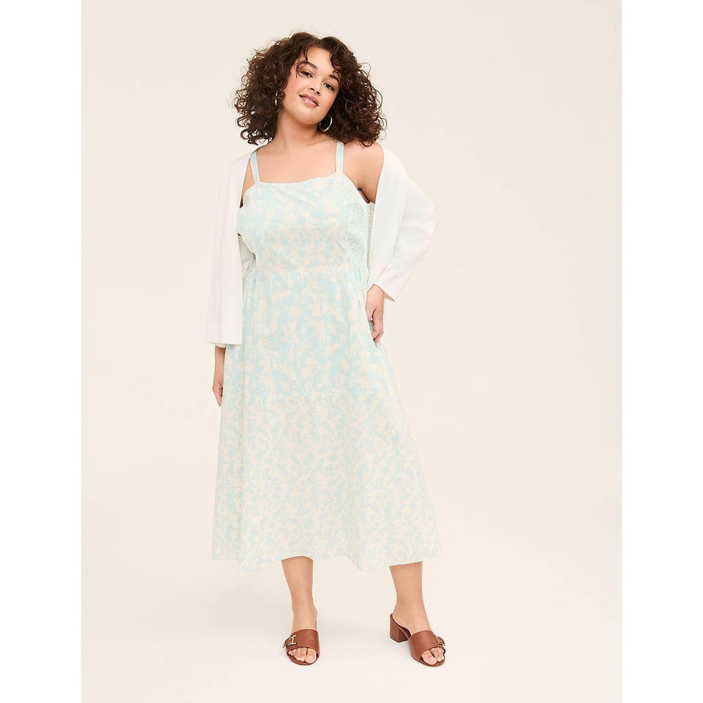 Lane Bryant‎ Blue Floral Smocked Bodice Maxi Dress Sleeveless Cotton Size 12